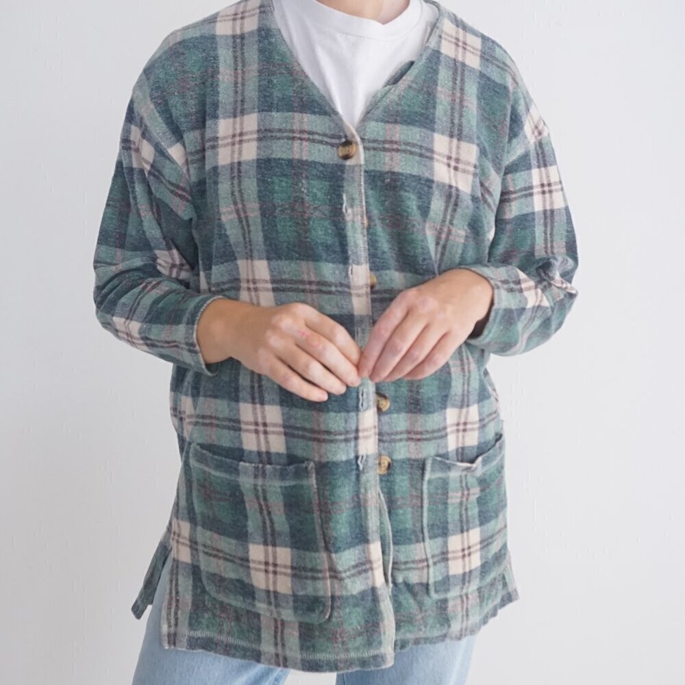 Vintage Express Green w Maroon Tartan Terry Cloth Button Up Shirt XS